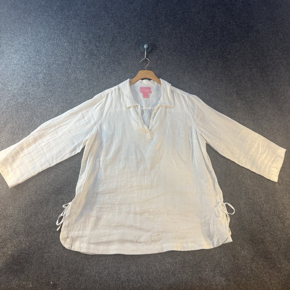 Isaac Mizrahi 100% Linen Tunic Top Womens M White Side Tie 3/4 Sleev